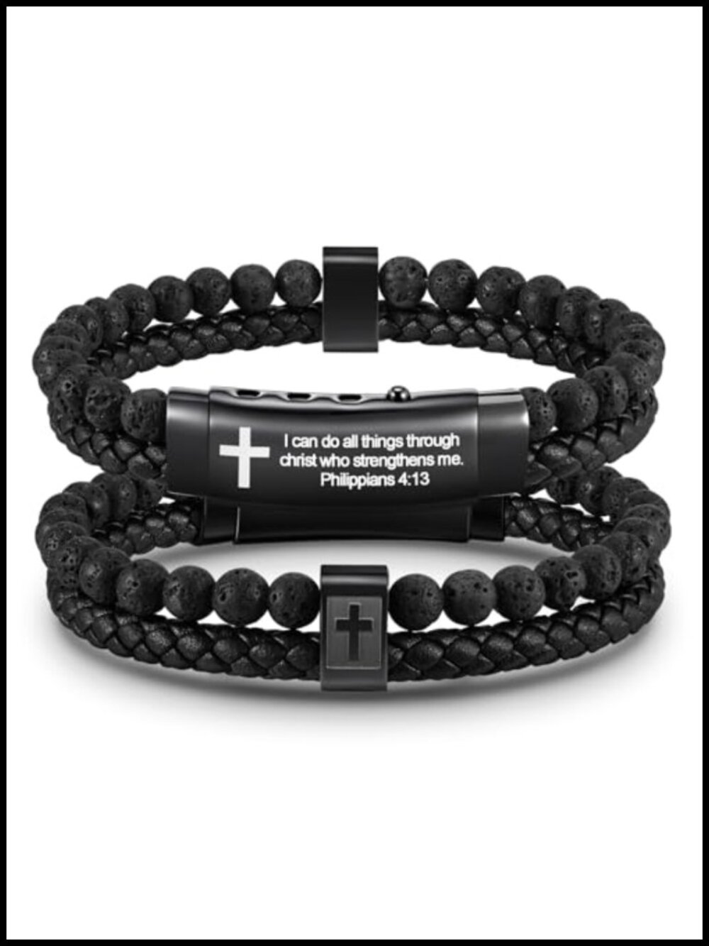 Men's Christian Cross Bracelet, Double-Row Braided Leather Cuff, Bible Verse,